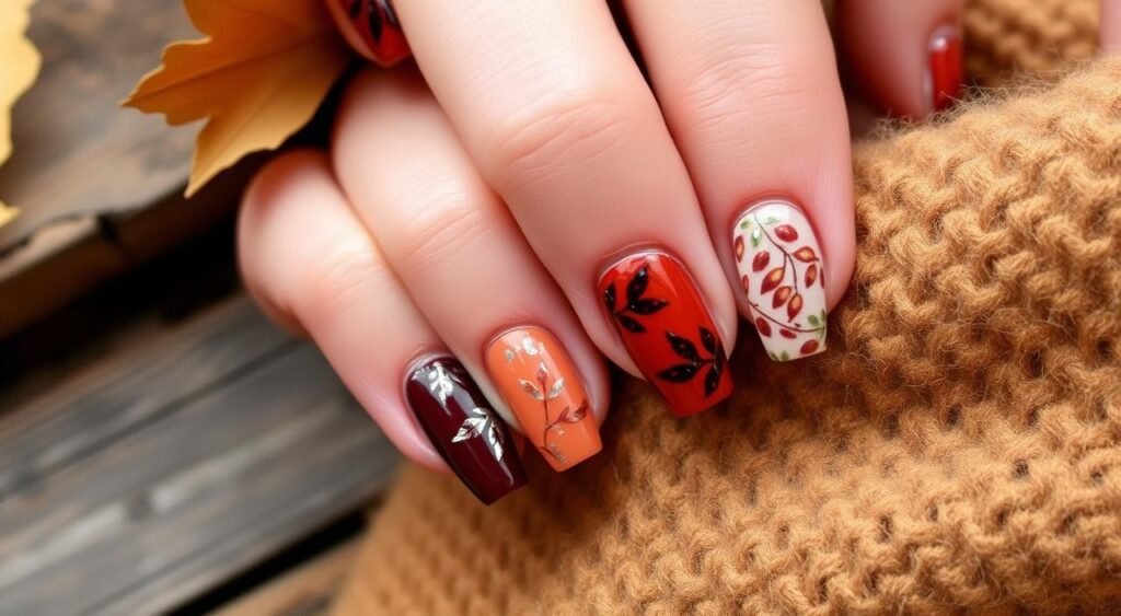 Autumn nail art styles: A cozy, rustic assortment of autumnal nail designs, including deep burgundy, rich copper, and warm terracotta hues. Intricate leaf patterns, abstract brushstrokes, and subtle metallic accents create a chic, seasonal aesthetic. The nails are presented against a backdrop of earthy textures, such as wooden planks or lush fabric, with soft, diffused lighting that enhances the colors and patterns. The overall mood is one of warmth, comfort, and stylish transition into the cooler months.